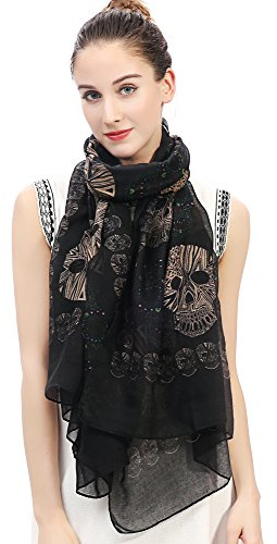 Lina & Lily Écharpe Foulard pour Femme Imprimé Crâne le jour de la morts (Noir)