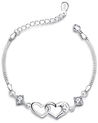 Bo&Pao Herz Armband Damen 925 Sterling Silber, Herz Armkette Frauen mit weißen Zirkonia, 20 cm, verstellbar
