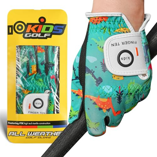 FINGER TEN Kids Golf Glove Left or Right Hand 1 Pack with Cool Design, Extra Grip Gloves Comfortable Breathable for Youth Junior Toddler Boys Girls (Dinosaurs(Worn on Left Hand), Medium)