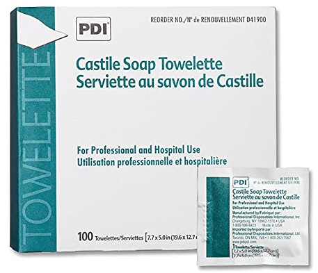 PDI Castile Soap Towelette, 1 Box of 100 Individually Wrapped 7.7x5 Wipes, Gentle Soap Cleansing Towelettes for Personal Hygiene, Hand & Facial Cleaning, Travel & Patient Care