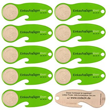 Einkaufswagenlöser Münze grün/Schlüsselanhänger Einkaufschip mit Schlüsselfundservice/Abziehbarer Einkaufswagenchip Metall, Chip Einkaufswagen, Key Finder / 10 Stück