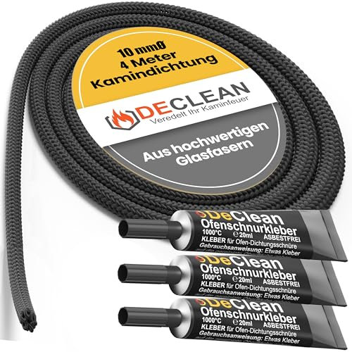 DeClean 4 m Dichtschnur Ø 10 mm Dichtung Glasfaserschnur Türdichtung Ofen inkl.Kleber, feuerfeste Kamindichtung, Dichtschnur für Kamin und Ofen, Fireplace Gasket