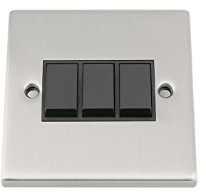 Light Switch 3 Gang - Satin Matt Chrome - Square - BLack Insert Plastic Switch - 10 Amp Triple 3 Gang 2 Way
