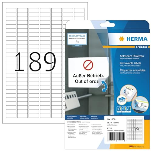 HERMA 10001 Universal Etiketten ablösbar, 25 Blatt, 25,4 x 10 mm, 189 pro A4 Bogen, 4725 Stück, selbstklebend, bedruckbar, matt, blanko Papier Klebeetiketten Aufkleber, weiß