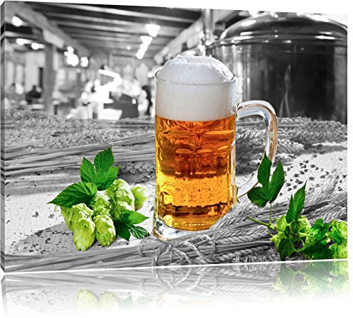 Pixxprint Frisches Bier mit Schaumkrone B&W, Größe: 80x60cm, Leinwandbild, fertig gespannt, Wandbild, Dekoration, Kunstdruck, kein Poster