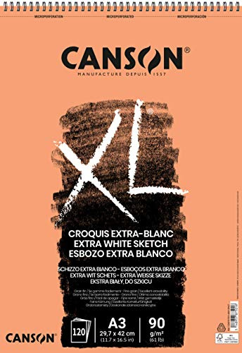 CANSON XL Extra White Sketch 90 A3 Papier, feine Körnung, Spiralblock, kurze Seite, 120 Blatt, ideal für professionelle Künstler & Illustratoren