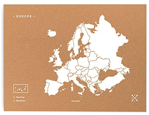 Miss Wood Woody Map XL Karte von Europa aus Kork, weiß (Schriftzug in englischer Sprache), Weiß, 60x90cm