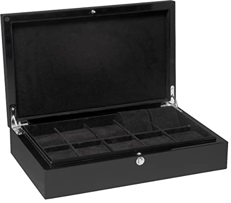 Beco Technic Uhrenbox Piano Silk 10, Schwarz, Modern, Lackiert, Echt Leder, 10 Fächer, 10 Schubladen, Herren, Vatertag, Muttertag