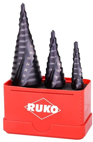 RUKO Stufenbohrer HSS-TiAlN, spiralgenutet mit Kreuzanschliff, Titan-Aluminium-Nitrit-Beschichtung, hohe Schnittleistung, 3-teilig