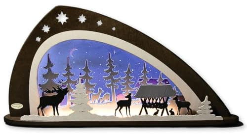 weigla - Schwibbogen original Erzgebirge I Motiv Waldtiere I LED-Lichterbogen Weihnachten I Größe 66 x 33,8 x 6 cm I Inklusive Beleuchtung I beleuchtete Weihnachtsdeko innen I aus Holz