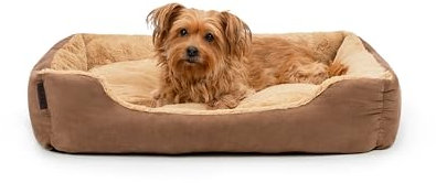 lionto Hundebett mit Wendekissen und Rutschfester Unterseite, Robustes Heimtierkissen mit tiefem Einstieg für Hunde und Katzen jeden Alters, 75x60 cm, kuscheliges Hundekissen, braun/beige