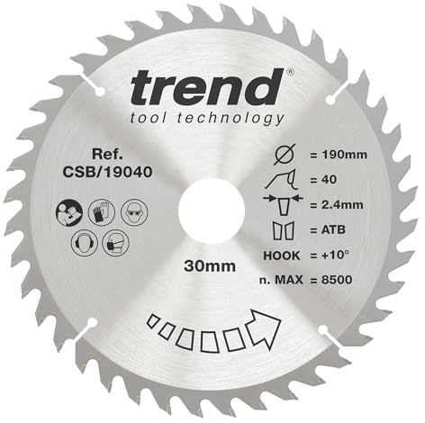 Trend Wood Circular Saw Blade, 190mm Diameter, 30mm Bore, 40 Teeth, 2.4mm Kerf, +10° Hook, TCT, Fine Finish, CSB/19040 | Fine Finish Blade For Clean Crosscuts In Wood, With 40 Teeth, +10° Hook And 2.4mm Kerf, CSB/19040