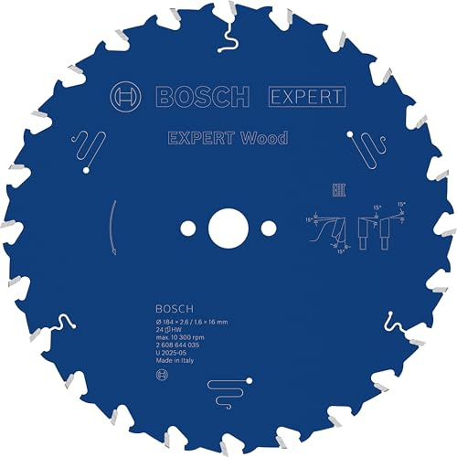 Bosch 1x EXPERT Wood Corded Circular Saw Blade for Handheld Circular Saw | for Softwood, Hardwood, Ø 184 mm, Professional Accessory Hand-Held Corded Circular Saws, Plunge Saw
