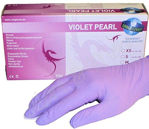 1 caja dispensadora = 100 guantes de nitrilo + Violet Pearl sin látex + Tamaño: XS ... Color para el día a día de estudio.