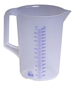 hünersdorff Messbecher 3l | Polypropylen (PP) | bruchsicher und spülmaschinengeeignet | geschlossener Griff | blaue Skala, Transparent+blau