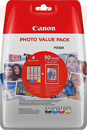 Canon CLI-571 BK/C/M/Y Druckertinte - hohe Reichweite + Fotopapier Value Pack für PIXMA Tintenstrahldrucker ORIGINAL
