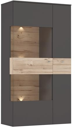 Forte Como Vitrine L 90, Moderne Vitrine mit 2 Türen, Wohnzimmervitrine, Vitrinenschrank, Holzwerkstoff, Uni Wolfram Grau/Stabeiche Holzdekor, 90,1 cm breit x 168,1 cm hoch x 41,3 cm tief