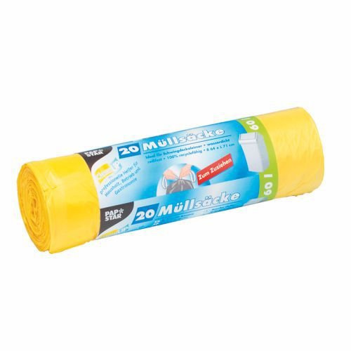 PAPSTAR Müllsäcke zum Zuziehen, HDPE 60 l 71 cm x 64,5 cm gelb Menge: 180 St