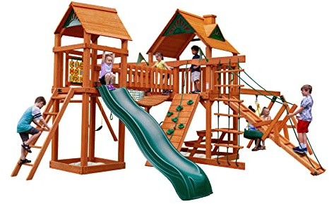 Gorilla Playsets 01-0006-AP Pioneer Peak Wood Swing Set with Wood Roof, Tire Swing, Clatter Bridge and Tower, Ramp, Slide, Two Swings, Amber