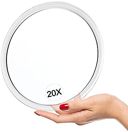 20X aumento Espejo con ventosas (redondo de 15cm) - Perfecto para maquillaje - Pinzas - Eliminación de puntos negros y manchas - Depilarse las cejas - Ideal para el hogar y el espejo de viaje