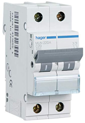Hager MUN216A Interruptor Automático Magnetotérmico Serie MU, 2P, 16A, curva C, 6KA