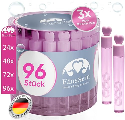 EinsSein 96x Pink Wedding Bubbles Love Tube 5ml – Mini Bubble Tubes with 3D Heart Wand | Soap Bubble Party Favors for Kids Guests Weddings Baptism Birthday Celebration Decorations