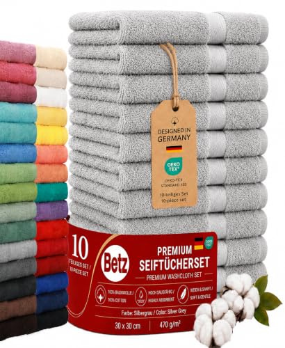 Betz Premium Seiftücher Set 10-teilig – 10× Seiftuch 30×30 cm, 100% Baumwolle 470 g/m², weich & saugstark, Oeko-TEX® Farbe Silbergrau