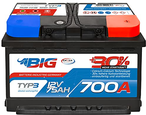 BIG Autobatterie 12V +30% mehr Startleistung 75Ah 700A/EN wartungsfreie Bleisäure Starterbatterie ersetzt 70Ah 72Ah