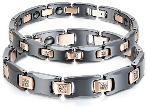 JewelryWe Schmuck Herren Damen Armband, Lieben Freundschaftsarmband, I Rechteckig Link Magnet Charm, Zirkonia Diamant Edelstahl Keramik, Rose Gold Schwarz