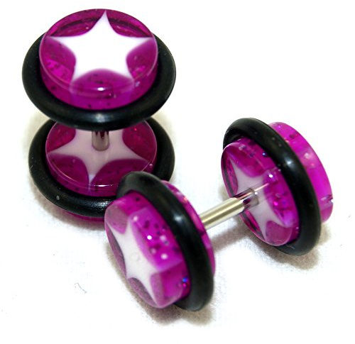 Fake Cheaters Illusion Faux Ear Plugs 16G Bar Look Like 0G Purple White Star