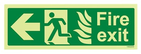 V Safety Glow In The Dark NHS Fire Exit Arrow Left Sign - 300mm x 100mm - Rigid Plastic