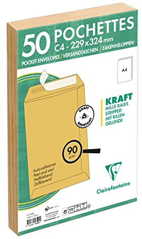 Clairefontaine 5750C - Paquete de 50 sobres de papel kraft Milleraies marrón C4 - 229 x 324 mm - Autoadhesivos - 90 g/m²