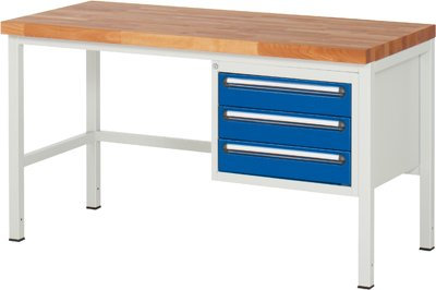 Werkbank, BxTxH 1000x900x840 mm, 3 Schubladen 120 mm, Buche-Massiv-Platte 40 mm, RAL7035/RAL5010