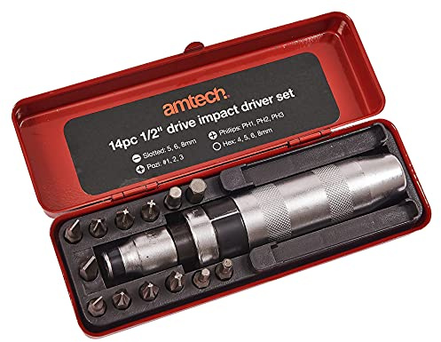 Amtech - 14pc 1/2in Drive Impact Driver Set, Chrome Vanadium Bits in Storage Case, for Loosening Stubborn Screws, Nuts & Bolts in Automotive Tasks