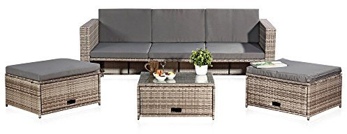 Melko Lounge Gartenset, Polyrattan, Sofa-Garnitur mit Glastisch, inklusive Kissen, Grau