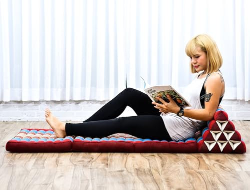 Leewadee - Bequeme Japanische Bodenmatratze - Thai Bodenliege mit Dreieckskissen - Futon Klappmatte - Thai Massagematte, 170 x 53 cm, Blau Rot