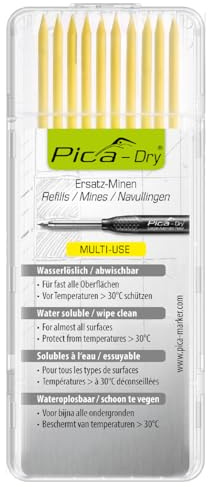 Pica 4032 I 10tlg. Ersatzminen-Set für Pica Dry 3030 Tieflochmarker I Multi-Use für fast alle Oberflächen I wasserlöslich, von glatten Flächen feucht abwischbar I Etui mit 10 Minen in gelb