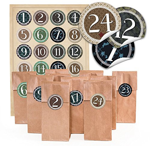 24 bruna julpapper bordsunderlägg med pergamininlägg (7 x 4 x 20,5 cm) och 24 runda klistermärken 4 cm VINTAGE, självhäftande äventyrskalender-nummer 1 till 24 för fantastiska äventyrskalender för dig själv att plocka och fylla på; 1a kvalitet!
