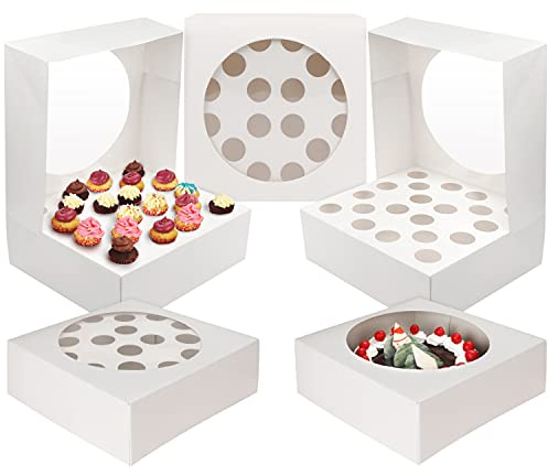 Kurtzy Porta Cupcake Scatole per Dolci in Cartone Bianco con Finestra in Plastica Trasparente (5pz) - Contenitori in Cartone per Alimenti per 20 Cupcake, Torta Singola e Muffin per Feste e Compleanni
