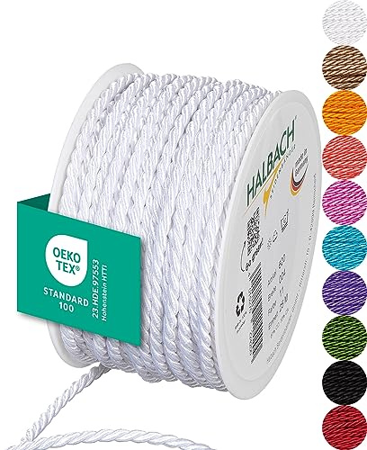 Halbach Satinkordel, 4 mm x 25 m, weiß | Glänzende Acetat-Kordel, Made in Germany und Öko-Tex 100 zertifiziert, waschbar und wetterfest, ideal für Indoor und Outdoor
