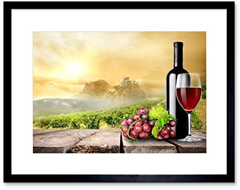Wee Blue Coo PHOTO COMPOSITION WINE GRAPES VINES SUN BOTTLE BLACK FRAMED ART PRINT B12X8495