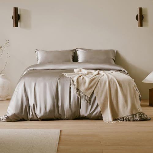 LilySilk 4PC Silk Fitted Sheet Set, 19 Momme Silk Bed Sheets, 1 Flat Sheet, 1 Fitted Sheet and 2 Oxford Silk Pillowcases, Silk Bedding Set 100% Top 6A Grade, Silvergray, King Size