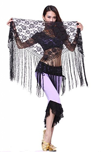 ZLTdream Women's Belly Dance Long Tassels Lace Triangle Hip Scarf Black