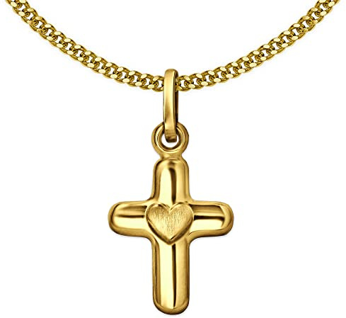 CLEVER SCHMUCK Kreuzkette Gold für Kinder 18mm mit Herz 925 Silber vergoldet und Panzerkette 36 cm im Etui creme