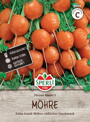Sperli Möhrensamen Pariser Markt 5 81719 – süßer Geschmack, kugelige Form, ideal für Salate & Suppen, vielseitig verwendbar, Karotten, Gemüsesamen, Saatgut für 8-10 lfd. Meter