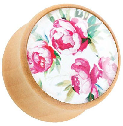 Piercingfaktor Ohr Plug Flesh Tunnel Piercing Ohrpiercing Holz Braun mit blühenden Blumen 20mm