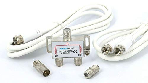 electrosmart 2 Way Splitter Kit suitable for Freeview Aerial or Cable TV or Broadband - Includes F Type 2450MHz Splitter 2 x White 1.5m Cables and Connectors