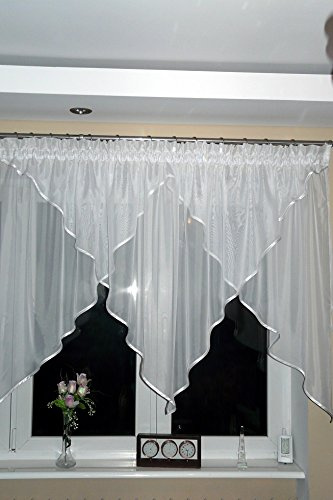 TOP Fertig-Gardine aus Voile NEU Top Design Set Schöne Küche-Gardine mit Kräuselband AG15-B Modern (Besatz Grün)
