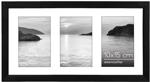 Americanflat Portafoto da Parete Multiplo Nero da 20,3x35,5 cm - Per 3 Foto da 10x15 cm - Porta Foto Multiple da Parete con Vetro Infrangibile, Cavalletto e Accessori per Appenderlo