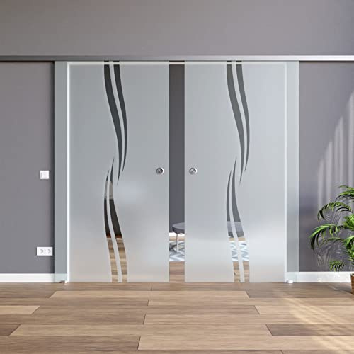 BM2-775-AS-DPL: Schiebetürsystem doppelflügelig ESG 2x775x2050x8mm Dekor M2, Siebdruck; Schienensystem ALU SlimLine SoftStop; Griffmuschel